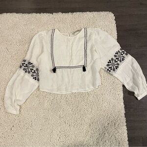 Zara White and Black Puff long Sleeve embroidered pleated Crop Blouse